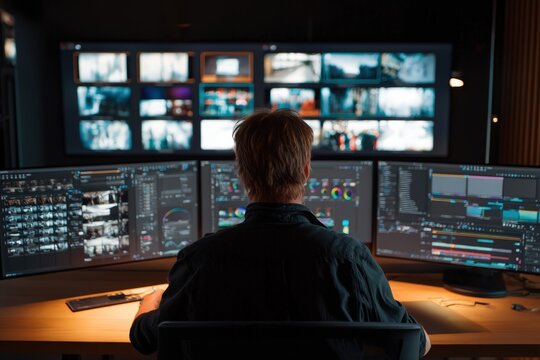 Professional photographer post-processing images on high-resolution monitor in modern editing suite, multiple screens showing photo editing software, controlled workspace lighting with screen illumina