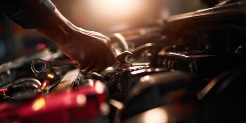 The mechanic working diligently on an engine with a wrench in hand