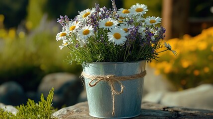 Summer Daisies in a Rustic Metal Pot