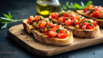 Delicious Italian Tomato Bruschetta With Chopped Vegetables, Herbs, And Oil On Grilled Or Toasted Crusty Baguette On Wooden Board.