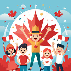 Cartoon vector illustration of canada day celebration with happy people and maple leaf flag
