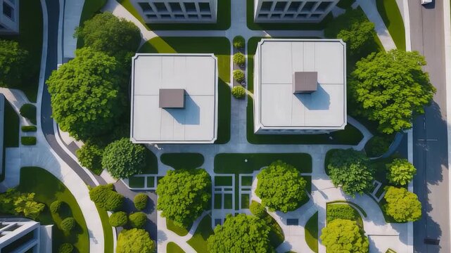 Aerial top view of modern urban architecture with two square buildings surrounded by landscaped gardens, green trees, and paved pathways

