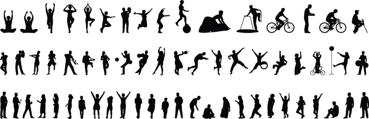 Silhouette of people and dogs, walking, sitting, standing, playing, pet interaction, urban lifestyle, companionship, leisure activity, isolated on white background