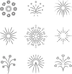 Set of nine stylized fireworks icons in black outline on white background Keywords: fireworks, celebration