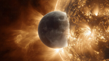 hyper-realistic cinematic illustration of the Moon crashing into the Sun