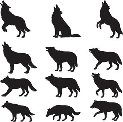 Silhouette of wolves howling, standing, walking, wild animal poses, wolf illustration collection, wildlife design elements, predator, forest creature, isolated on white background