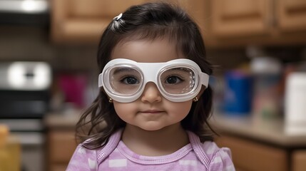 Adorable Toddler Girl Wearing White Goggles Closeup Portrait
