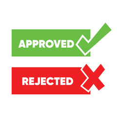 Approved and Rejected vector banners. Green check mark for approval and red X cross for rejection. Icons representing validation, quality control, and decision making,
