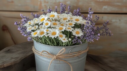 Rustic Charm: Daisies and Lavender in a Galvanized Bucket