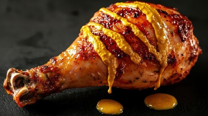 Honey mustard dripping onto a roasted chicken leg, its glossy yellow-gold adding a luxurious touch, isolated on black background,
