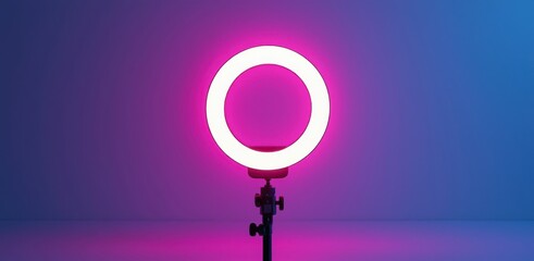 Bright ring light illuminates with vibrant pink and blue background