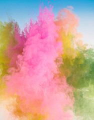 Fototapeta premium Pink and Yellow Cloud Explosion in a Blue Sky Generative AI.burst, colours, creation, drama, explosion, force, glow, warmth, contrast, power, radiance, abstract, atmosphere, cumulus, element, energy, 