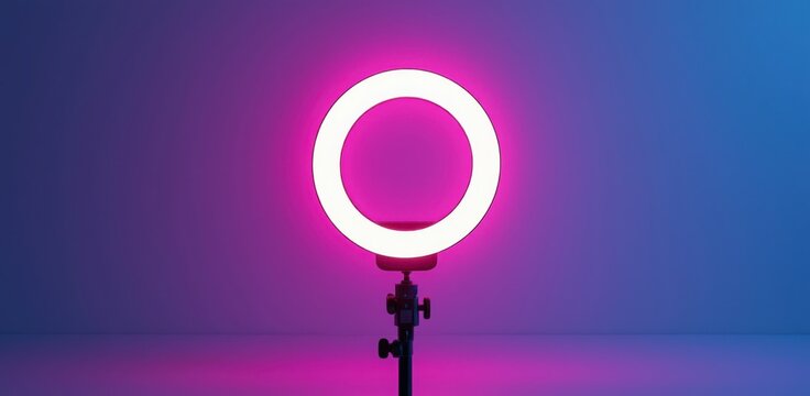 Bright ring light illuminates with vibrant pink and blue background