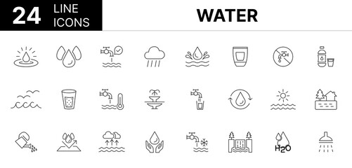 Collection of 24 Water, line icons featuring editable strokes. These outline icons depict various modes of Water, dripped rain, tap water, waterproof, shower set, 