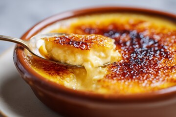 Spoon Breaking into Crème Brûlée with Golden Caramel Crust
