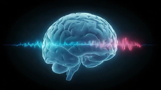 Human brain with sound waves in blue and pink visualization  
