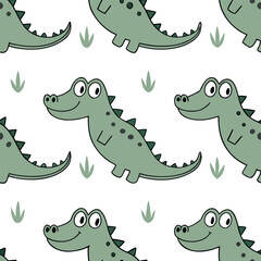 Naklejka premium Cute green dinosaurs with grass on a white transparent background cartoon pattern
