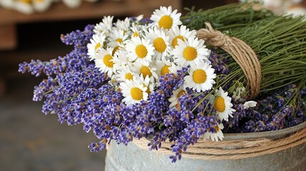 Lavender and Daisies in Rustic Metal Bucket: A Summer Bouquet