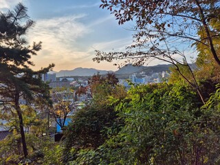 Seoul City Skyline at Sunset with Mountain View, Autumn Landscape in Korea