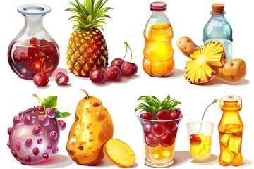 Vibrant Fruit and Juice Illustrations: Cherries, Pineapple, and More in a Cartoon Style