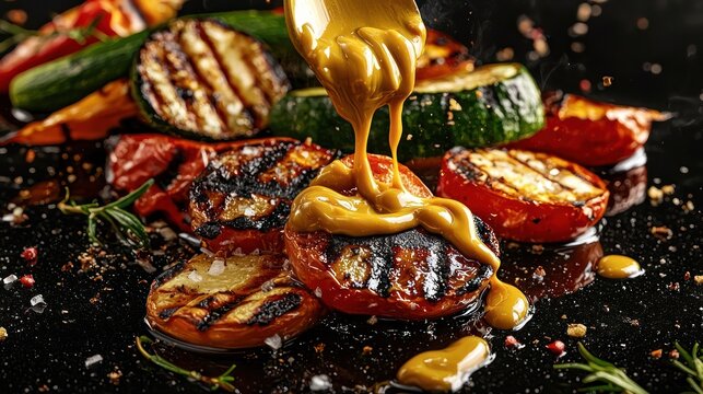 Honey mustard splashing onto grilled vegetables, its glossy yellow-gold hue adding richness to the dish, isolated on black background,