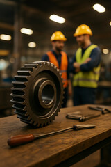 Large Industrial Gear on Workbench with Wrench and Greasy Rag inside Factory Workshop
