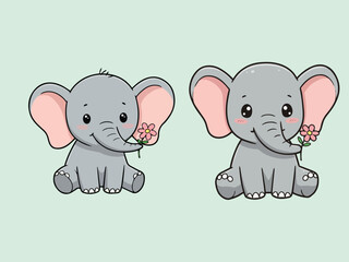 Chibi Elephant Holding Flower Cute Cartoon Animal