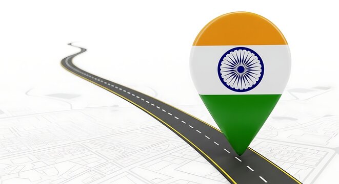 Indian flag pin on road map symbolizing travel and business opportunities