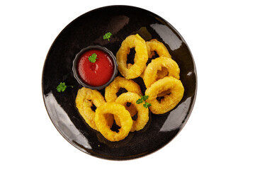 Colmar rings fried food fries fast food crispy appetizer fresh delicious gourmet food background on the table rustic food top view copy space