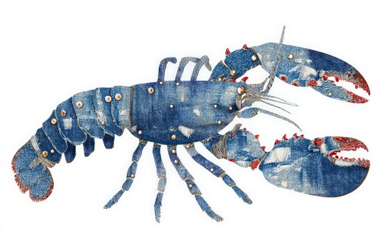 Denim patchwork lobster with bead embroidery and stitched segments, nautical textile collage on white background