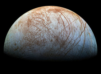 Europa: Jupiter's Icy Moon with Hidden Ocean - Stunning High-Resolution View of Cracked Ice Surface and Potential for Extraterrestrial Life © overlays-textures