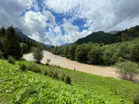 Il fiume Avisio in Val di Fassa, il bosco e il panorama delle Dolomiti, Canazei, Trentino Alto Adige, Italia