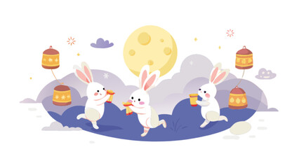 Mid autumn festival illustration with rabbits moon lanterns and clouds vector background design for graphics use