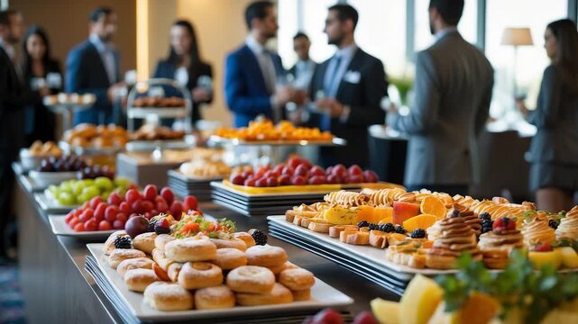 Assorted breakfast buffet with pastries, fruits, and desserts on table at corporate networking event with business professionals talking

