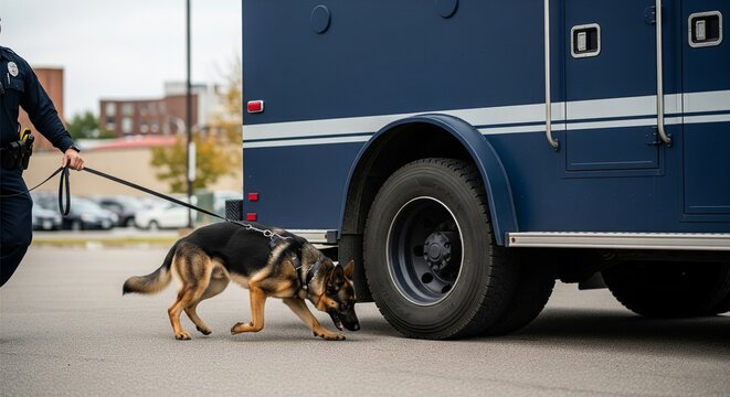Police K9 Unit Sniffing for Contraband at a Car Transporter