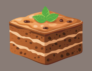 A Delicious Tiramisu Cake Square with Mint Leaves Topping - Vector Illustration
