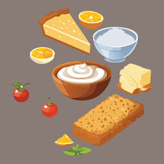 Ingredients for Making Cheesecake with Cheese, Lemon and Orange - Vector Illustration