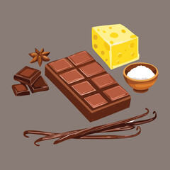 Baking Ingredients Set with Chocolate Bars and Cheese - Vector Illustration