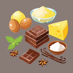 Various Baking Ingredients with Eggs, Butter and Spices - Vector Illustration
