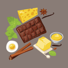 Baking Ingredients with Chocolate, Cheese and Spices - Vector Illustration