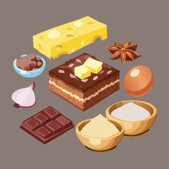 Baking Ingredients Set with Chocolate, Cheese and Eggs - Vector Illustration
