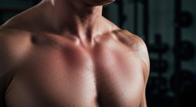 Closeup of a mans sweaty chest and collarbone in a gym