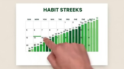 Hand pointing at a green habit tracking chart displaying progress over weeks with a calendar backdrop