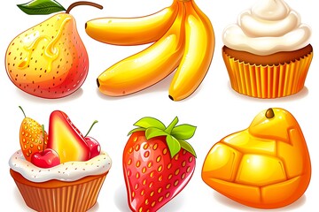 Vibrant Fruit and Cupcake Icons: Glossy, Cartoon Style, Sweet Mood