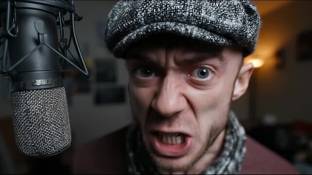 Man in a flat cap shouting into a studio microphone, looking directly at the camera with intense expression