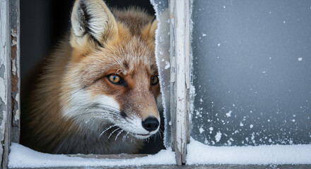 Fox head looking through snowy window frame during winter. Wildlife seeking shelter and warmth in urban structures for survival awareness campaigns