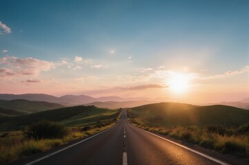 Fototapeta premium Sunset Over a Winding Road Through Rolling Hills