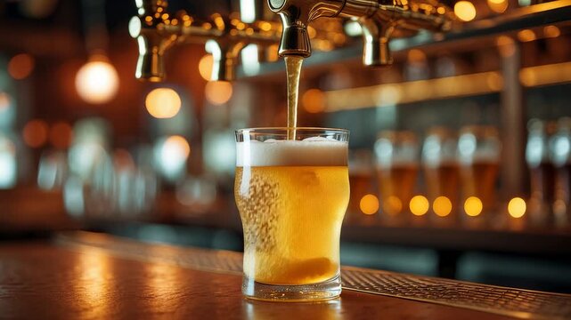 Cold draft beer being poured into glass from tap in cozy bar with warm ambient lighting and blurred background of drink taps and shelves


