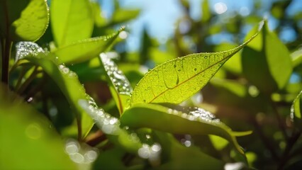 Close-up photograph of vibrant green tea leaves covered in glistening water droplets