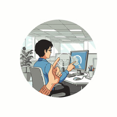 A person interacts with a computer screen using a touch interface, possibly for biometric authentication or modern digital control in an office environment.
